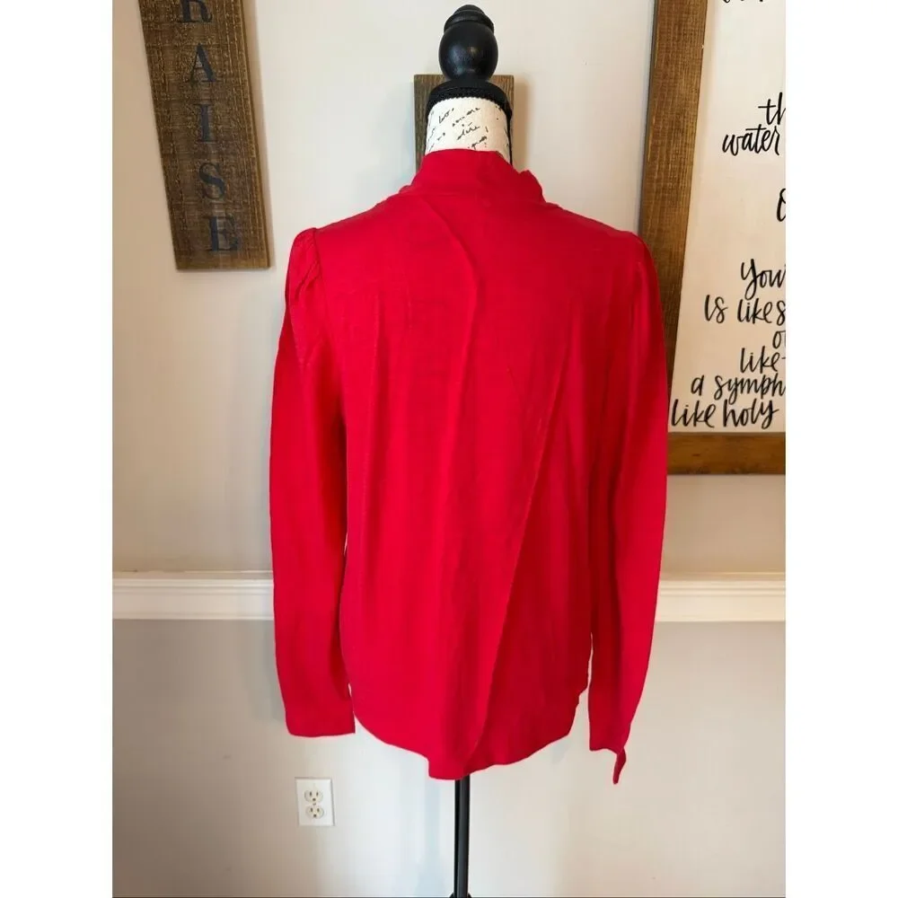 NWT Loft Women's Cotton Mock Neck Long Puff Sleeves Blouse Bright Red Size Large